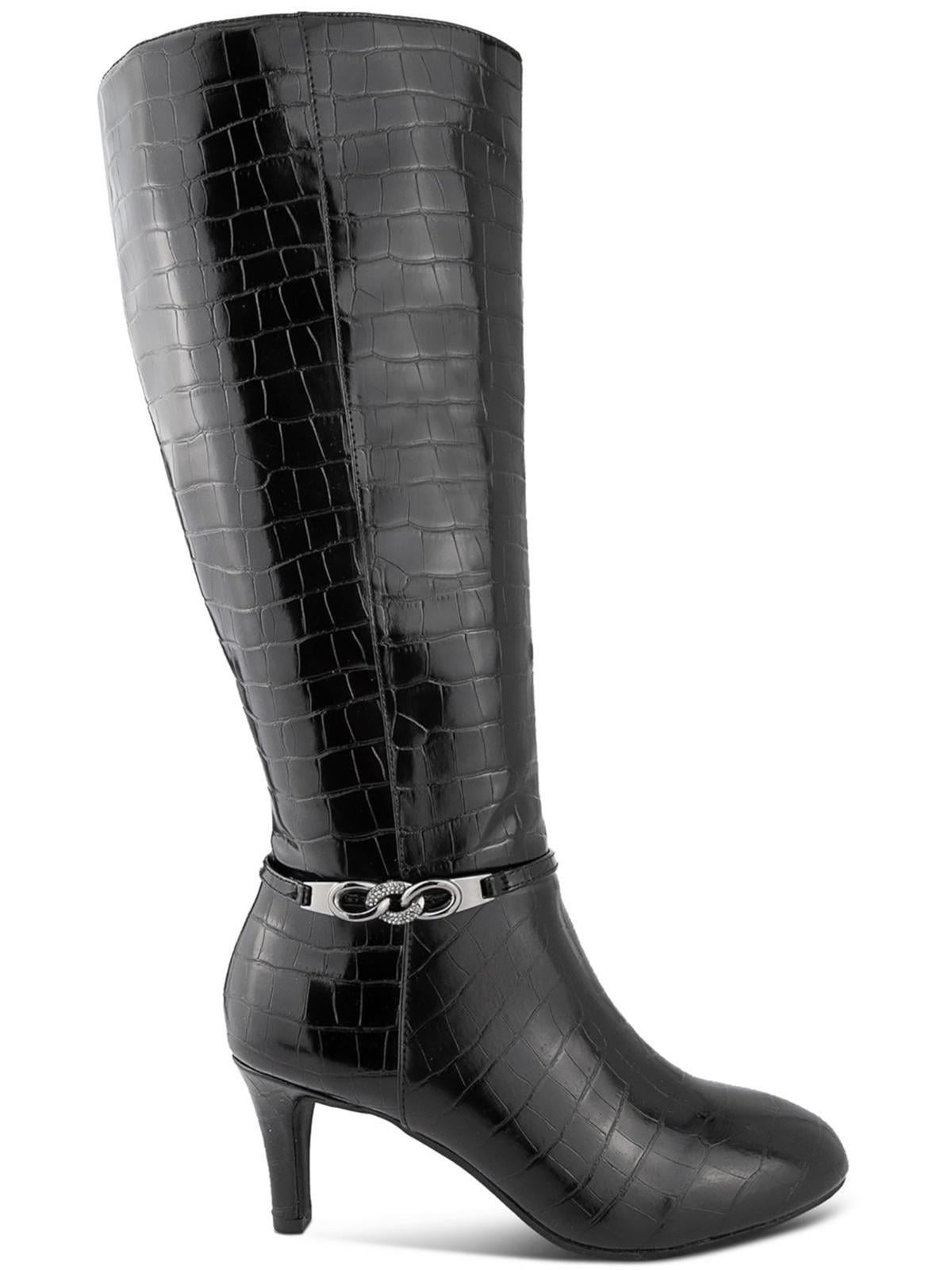 KAREN SCOTT Botas de tacón bajo con punta de almendra y cadena negra para mujer, talla 6.5 M