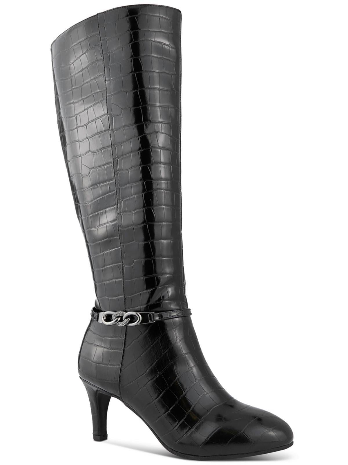 KAREN SCOTT Botas de tacón bajo con punta de almendra y cadena negra para mujer, talla 6.5 M
